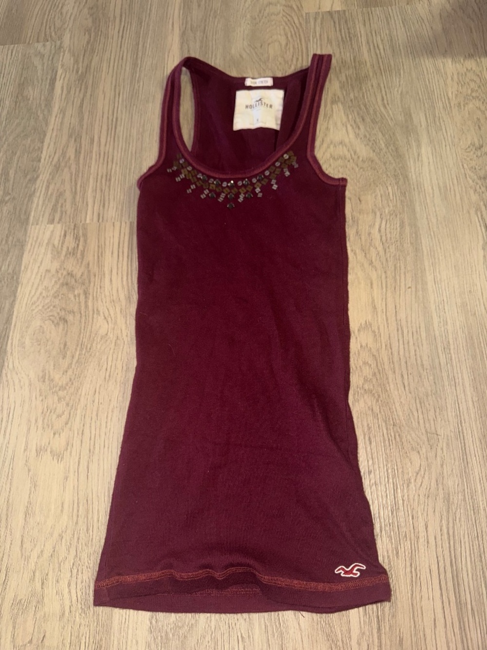 Hollister Burgundy Embellished Ribbed Tank Top Y2K Coquette Boho Fitted Layering
